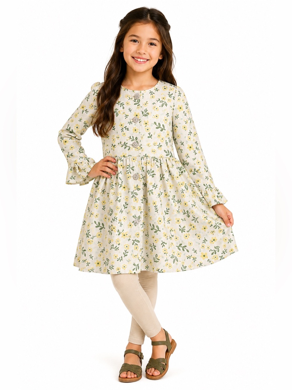Blueberi Boulevard Girls Floral Dress Size 8 Long Sleeve Bow Cuff Buttons